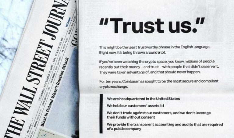 Coinbase Takes Full Page Ad in WSJ: “Trust Us”